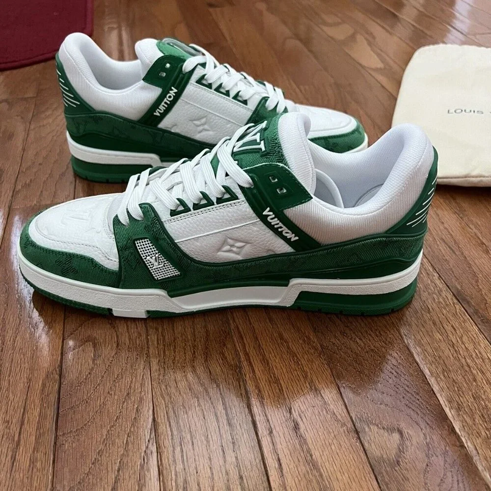 AUTH Louis Vuitton LV Trainers Men Sneakers Low Top Shoes Size 11 Green Monogram - Picture 4 of 5